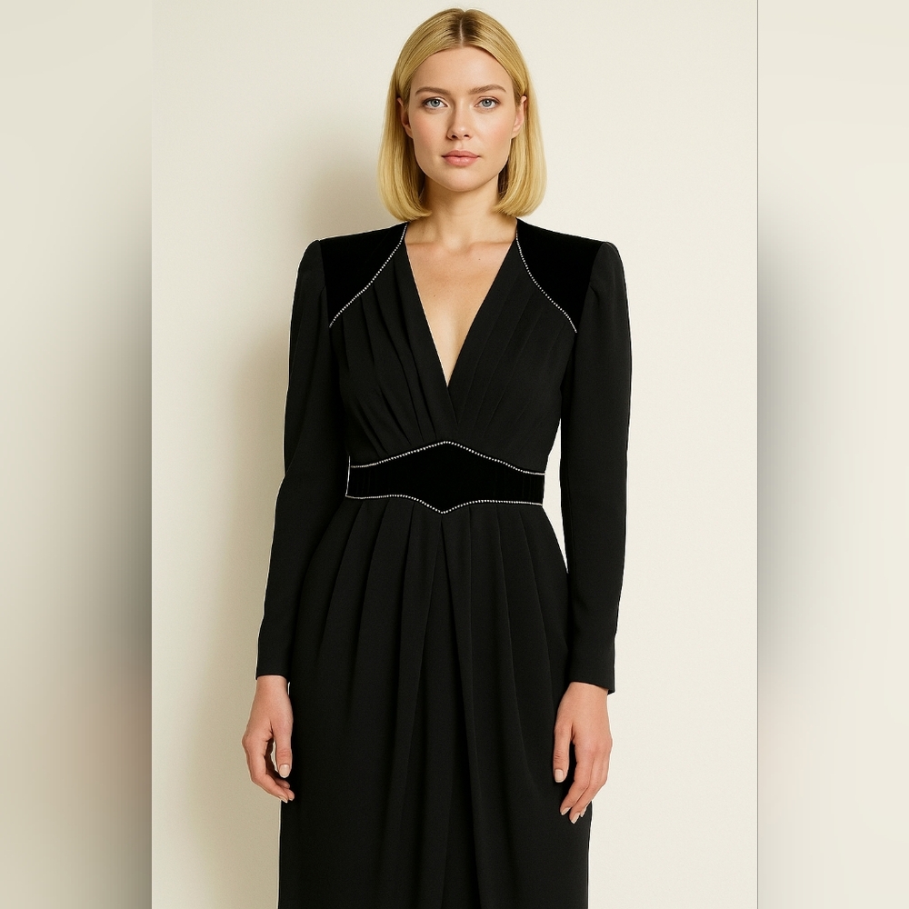 Haute Couture Black Dress with Velvet and Rhinestone Accents Hand Finished